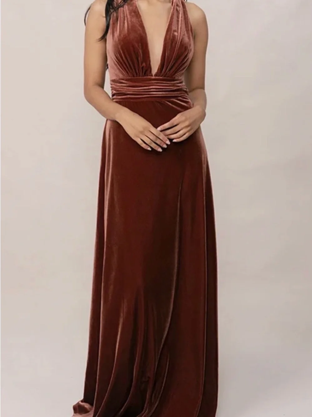 Revelry Sleeveless Plunge Velvet Maxi Dress in Terracotta